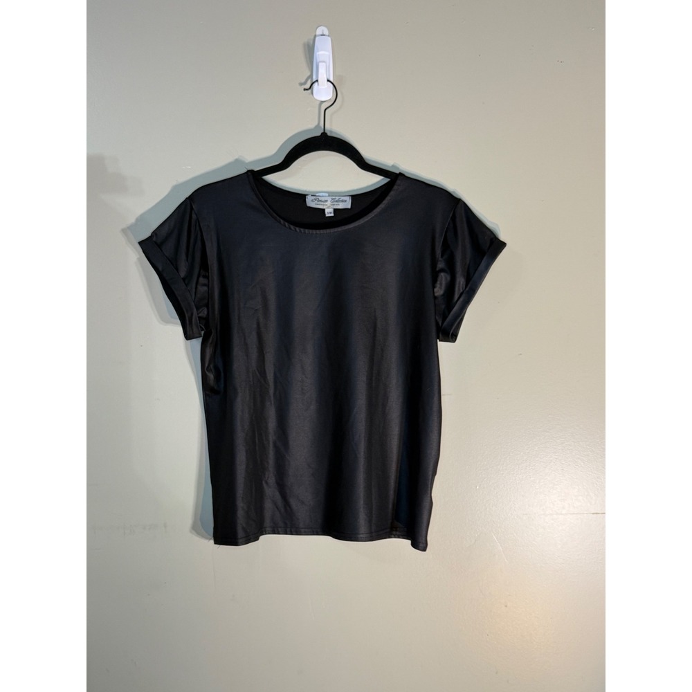Parisian Collection Black Faux Leather Short Sleeve Top TP 2966 Size S/M